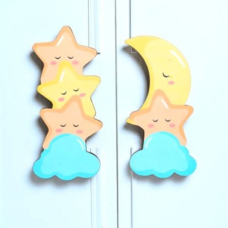 Handcrafted Acacia Wood Star Moon Cupboard Handles Set